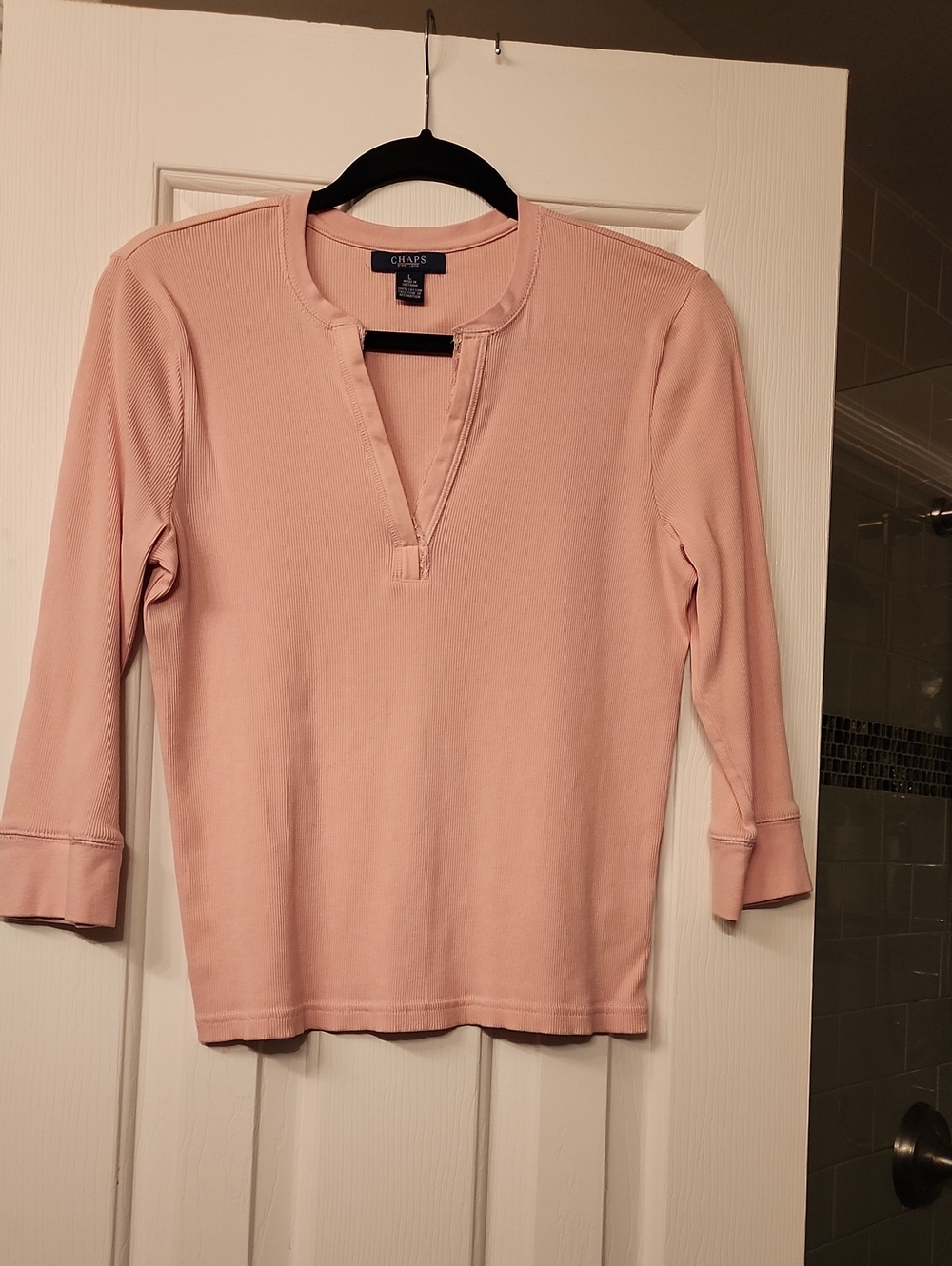 Chaps Light Pink Split-Neck Long Sleeve Top